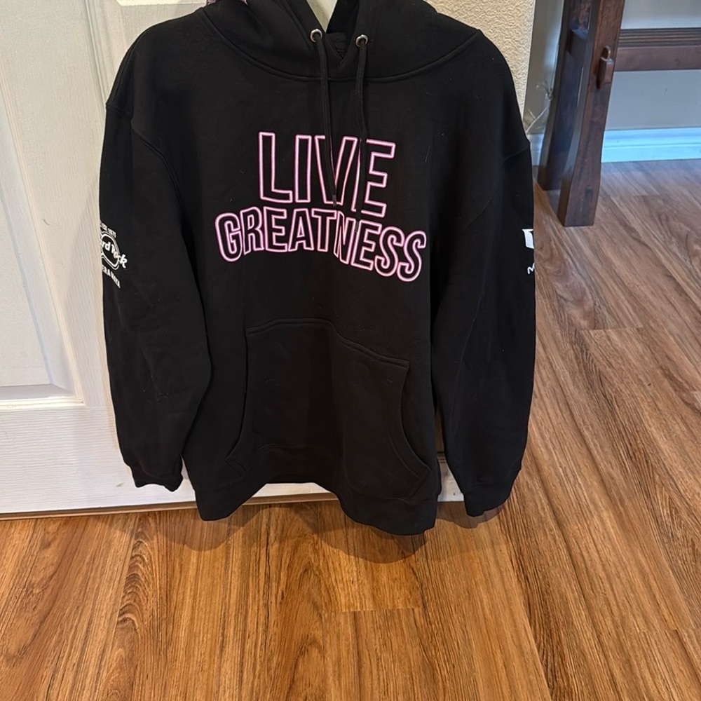 Black Hoodie with Pink 'Live Greatness' Print